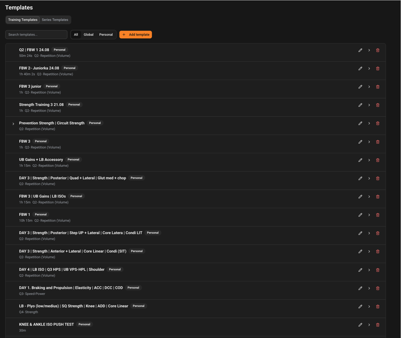 Lista szablonów treningowych AthleteHub z zapisami personal i global.